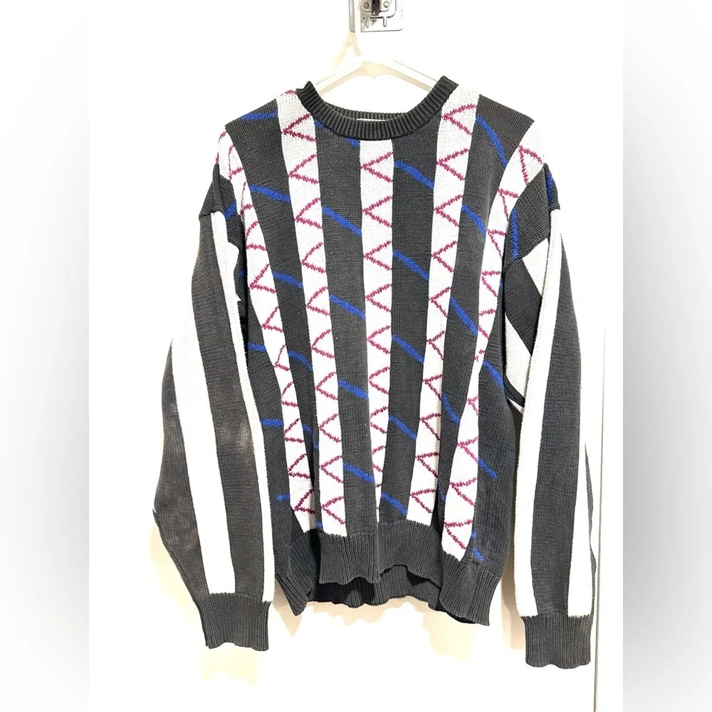 VTG 90s Private Club Cotton Sweater Sz:L Grandpacore Geometric Knit Crewneck.